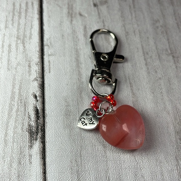 Natural Strawberry Quartz Crystal Charm With Love My Cat Charm Keychain - Picture 11 of 15